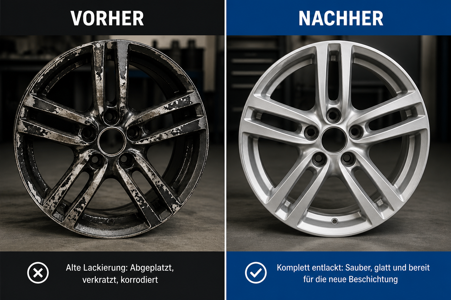 Felgen entlacken Vorher-Nachher Vergleich