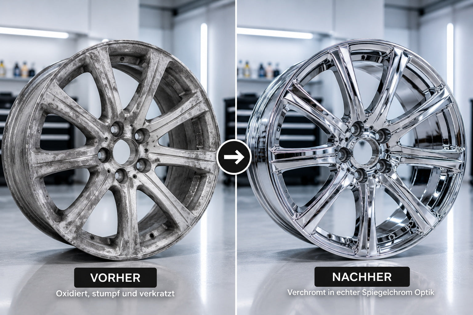 Alufelge vorher nachher Entlackung und Neulackierung von WT-Direct