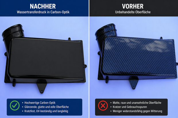 Wassertransferdruck Carbon-Optik vorher nachher - Kunststoffgehaeuse zu Carbon-Finish